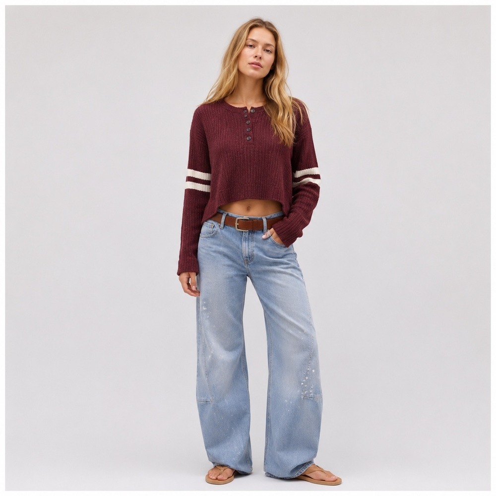 American Eagle Roll Neck Varsity Stripe Henley Cropped Sweater Womens S Burgundy